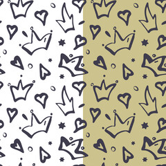 Crown, heart shapes ink brush, monochrome seamless pattern. Thick black doodle blob brush line. Hand drawn cartoon grunge style. Beige or white easy editable background. Vector
