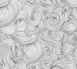 Decorative vector seamless pattern with hand drawn ornaments, wavy lines	
