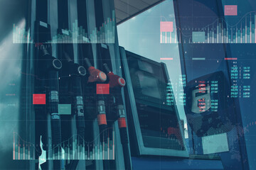 Gas station with fuel dispensers on technological background. Graph of rising prices for gasoline and fuel.
