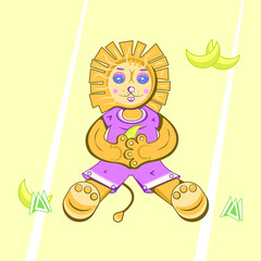Naklejka premium Vector smiling lion sitting with a banana in paws and framed by grass and some bananas. Happy colorful lion cube holding a banana in hands on sunny day.