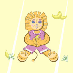 Smiling lion sitting with a banana in paws and framed by grass and some bananas. Happy colorful lion cube holding a banana in hands on sunny day.