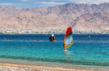 Water sport activities and kite surfing on the Red Sea, near Eilat and Aqaba, Middle East