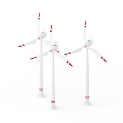 Isometric 3d render of group of wind turbines in white red colors