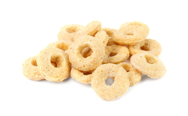 Pile of tasty corn rings on white background, closeup. Healthy breakfast cereal