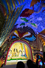 KOLKATA , INDIA - OCTOBER 18, 2015 : Night image of decorated Durga Puja pandal, shot at colored...