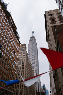 Modern skyscrapers with American flag