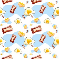 Hand drawing seamless pattern for wallpaper , fabric printing, cute cartoon style breakfast fried egg fried bacon, bread on white background