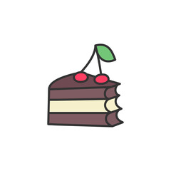 Peace of cake with cherry berries icon. Isolated on white vector illustration. Sweet food element.