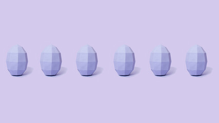 Geometric purple Easter egg with copy space for letters on pastel purple background. Minimal monochromatic Easter concept.  Holiday spring season template.