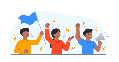 People activist concept. Man with megaphone, guy with flag, girl pulls her fist up. Protest, people resign their rights, advanced society, dissatisfied cries. Cartoon flat vector illustration