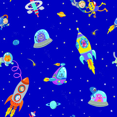 Seamless pattern. Space cartoon characters isolated on blue background. Astronauts, aliens, robots, ufos, space monsters, rockets, satellites, planets, stars.  Vector illustration for kids.