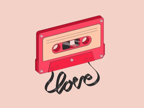 3D illustration of vintage retro cassette. Audio cassette of love. Love songs, love audio recordings. A tape recording of a love story.