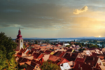 A view of the center of Ptuj city, church and old town of Ptuj, Slovenia