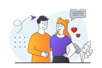 Concept of relationship. Man hugs woman, couple on romantic date. Husband and wife. Care and love, guy and girl talking. Poster or banner for valentines day. Cartoon flat vector illustration