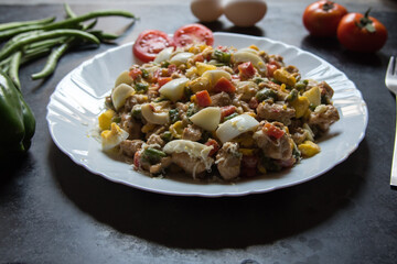 Continental food cheese vegetable au gratin served in a white plate on a dark background.	
