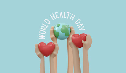 3D Rendering of hand holding earth and heart icon concept of world health day background, banner, card, poster with text inscription. 3D Render illustration cartoon style.