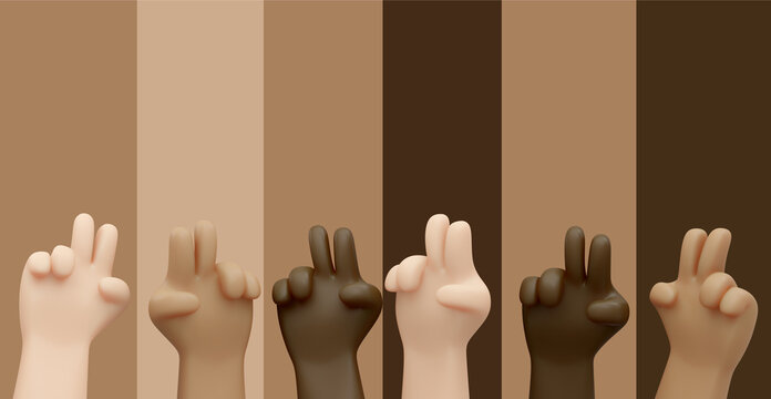 3D Rendering of hands in many color skin gesturing peace sign  on colors background with text inscription banner concept of stop racism no war, equality of human rights. 3D Render illustration.