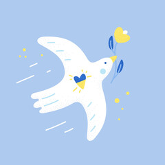 Peace in Ukraine. The symbol of peace is a white dove with a flower. Vector illustration, flat design. No war.