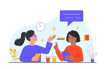 Sitting in cafe. Girl makes order, waiter takes notes. Convenient service, restaurant. Woman at checkout with card pays for food, cashier and customer at market. Cartoon flat vector illustration