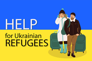 Vector banner with the character of a refugee woman and man with a suitcases. Help Ukrainian refugees. Ukrainian male refugee. Ukrainian flag. Humanitarian assistance to a refugee from Ukraine.