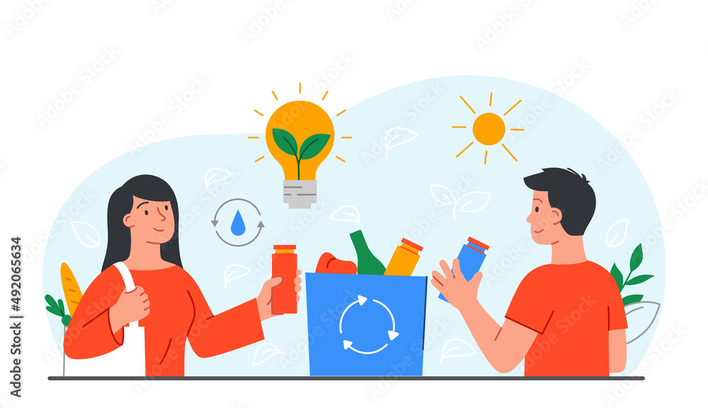 Poster concept of sorting. man and girl put garbage in basket. recycling and proper use of energy. idea and