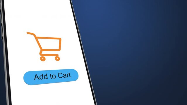 Animated shopping cart icon on smartphone screen and add to cart button with a red circle that show increasing number of products. 3D realistic motion in online selling concept on website. 4k 60fps.