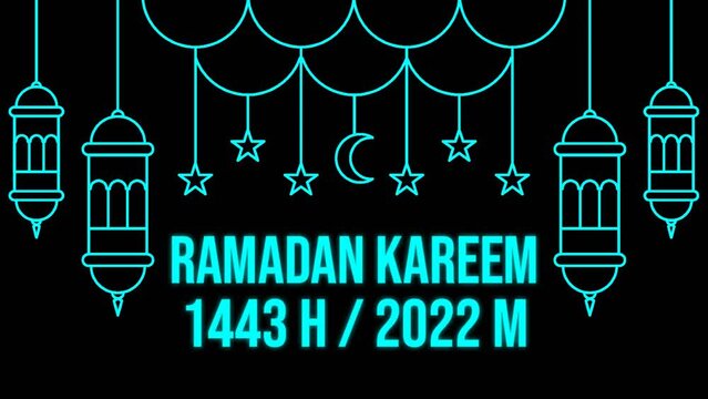 Animated neon lights with signs or symbols of lanterns, moon, stars and the inscription ramadan kareem 1443 H or 2022 M. Islamic background