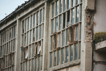 Exterior of abandoned building damaged during the war.
