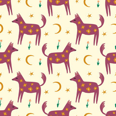 Vector clipart dog seamless pattern. Dogs breed. EPS and JPG illustration. Funky doodle trendy print, colorful handdrawn childish cartoon art. Groovy fauve abstract collage decor elements in authors
