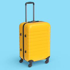 Small orange polycarbonate suitcase isolated on blue background.