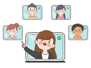 Hand drawn student online school education learning anywhere with laptop background.