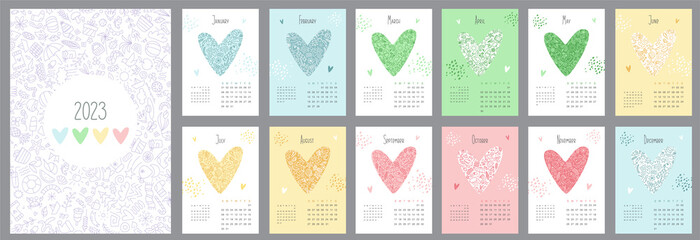 Wall calendar design template for 2023. Set for 12 months. Vector images with hearts, different abstractions, against the background of a doodle by the seasons of the year