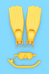 Colorful scuba mask, flippers and snorkeling tube on blue background