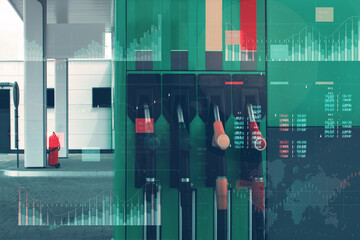 Gas station with fuel dispensers on technological background. Graph of rising prices for gasoline and fuel.