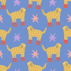 Vector clipart dog seamless pattern. Dogs breed. EPS and JPG illustration. Funky doodle trendy print, colorful handdrawn childish cartoon art. Groovy fauve abstract collage decor elements in authors