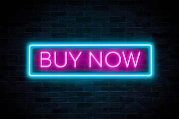 Fototapeta premium Buy now neon banner, light signboard.