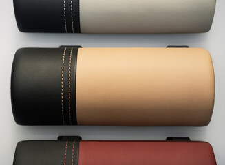 Samples of interior trim of a modern car with leather.
