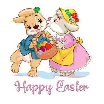 Image, drawing depicting a bunny kissing a bunny with basket of Easter eggs, Happy Easter English text