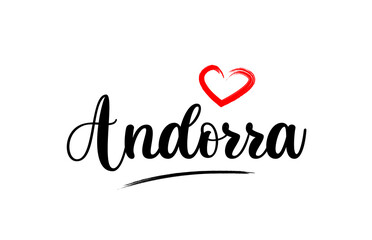 Andorra country name with red love heart and black text