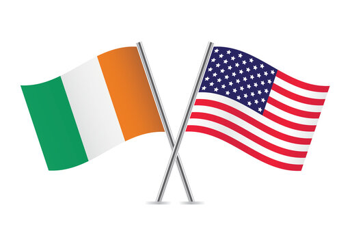 Ivory Coast and America crossed flags. Ivorian and American flags, isolated on white background. Vector icon set. Vector illustration.