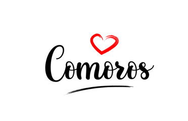 Comoros country name with red love heart and black text