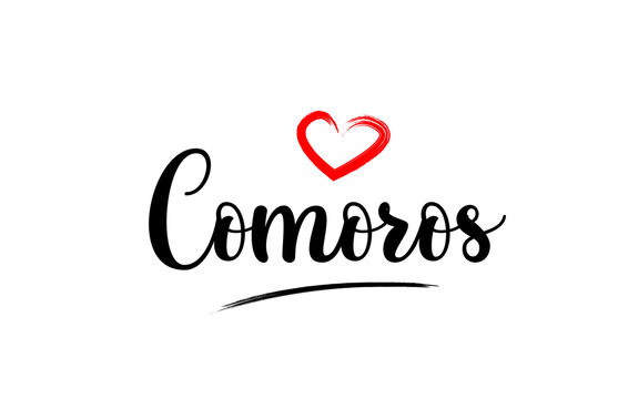 Comoros country name with red love heart and black text
