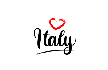 Italy country name with red love heart and black text