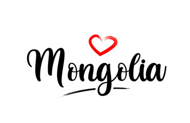 Mongolia country name with red love heart and black text