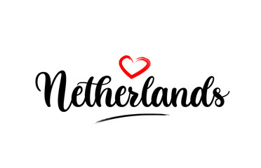 Fototapeta na wymiar Netherlands country name with red love heart and black text
