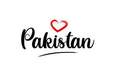 Pakistan country name with red love heart and black text