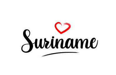 Suriname country name with red love heart and black text