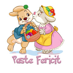 Image, drawing depicting a bunny kissing a bunny with basket of Easter eggs, Happy Easter Romanian text