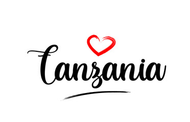 Tanzania country name with red love heart and black text
