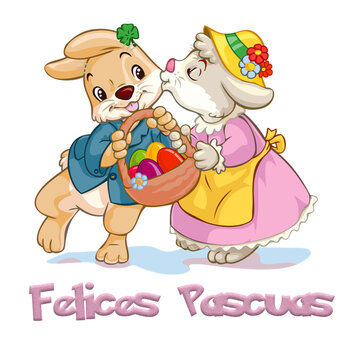 Image, drawing depicting a bunny kissing a bunny with basket of Easter eggs, Happy Easter Spanish text